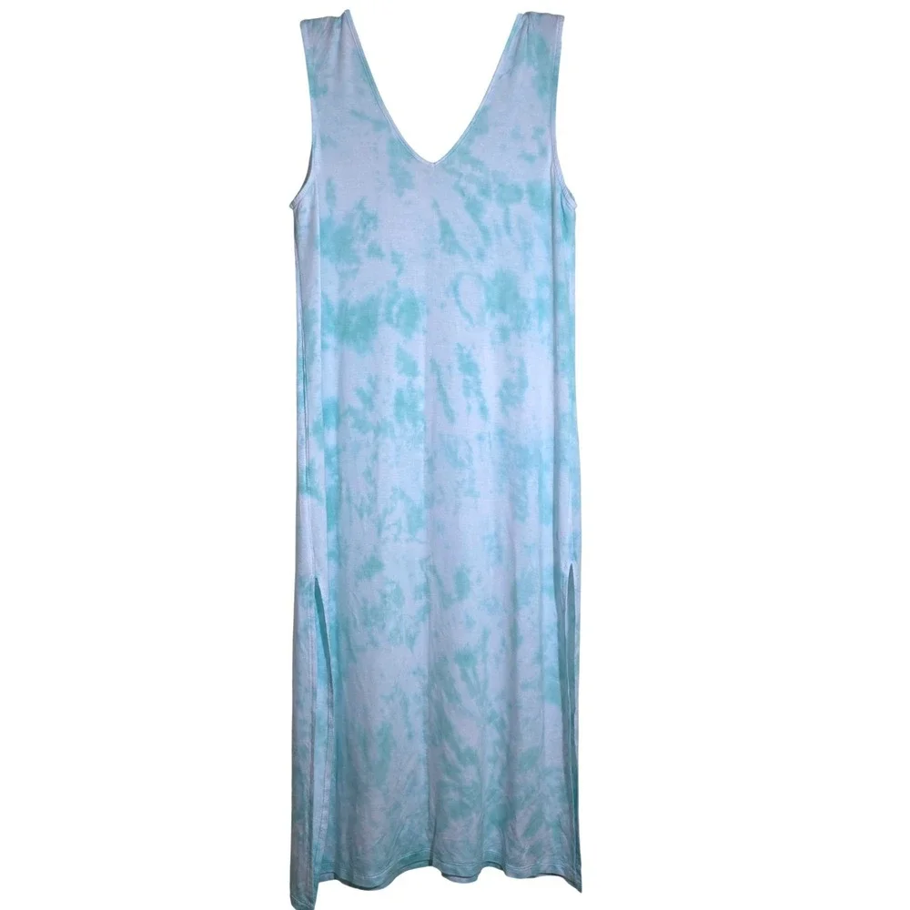 Beach Break Tie Dye Maxi Swim Cover Up Womens Large Aqua White Sleeveless EUC